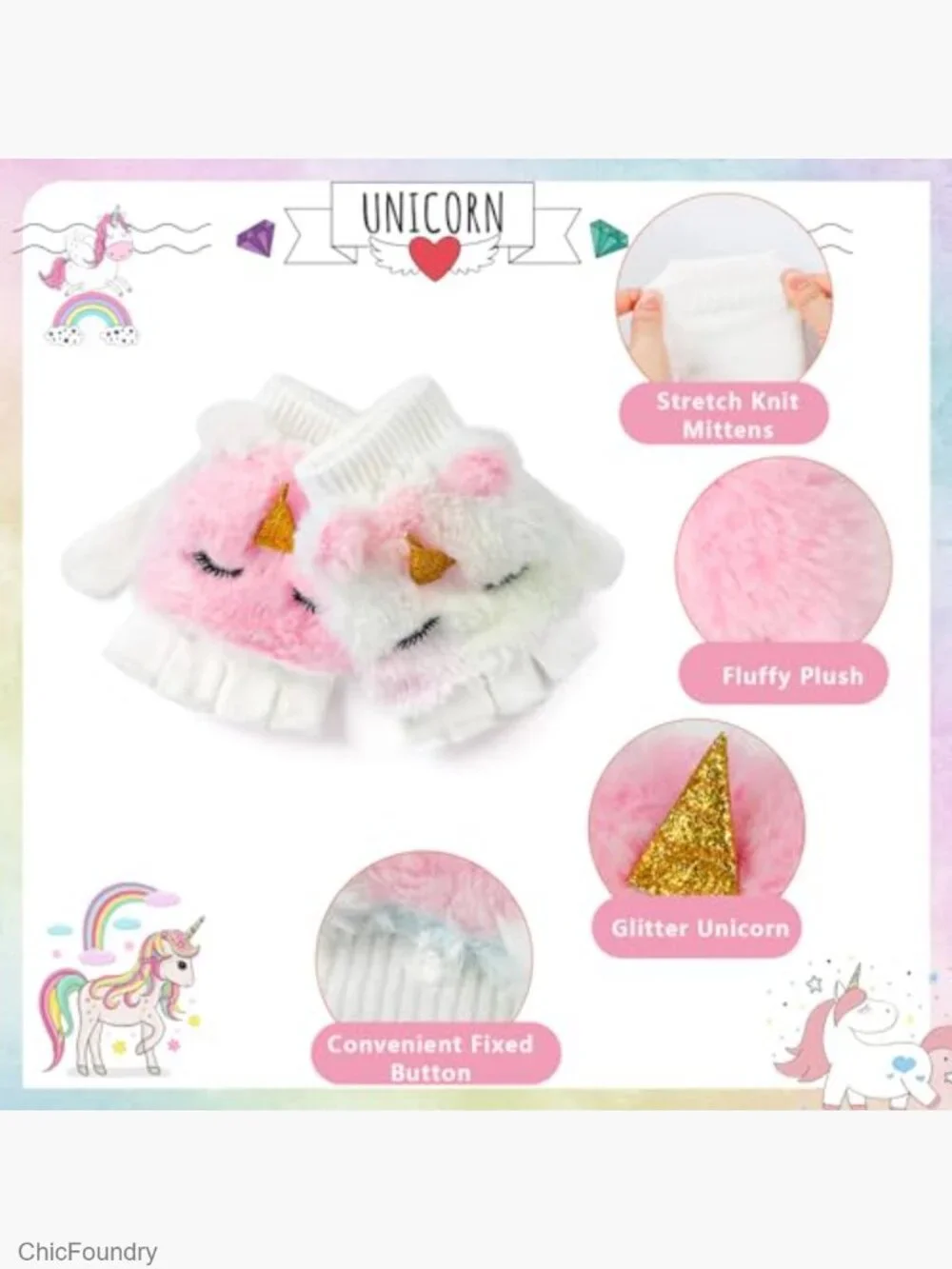 Fleece Unicorn Earflap Hat and Flip Top Mittens Set for Kids